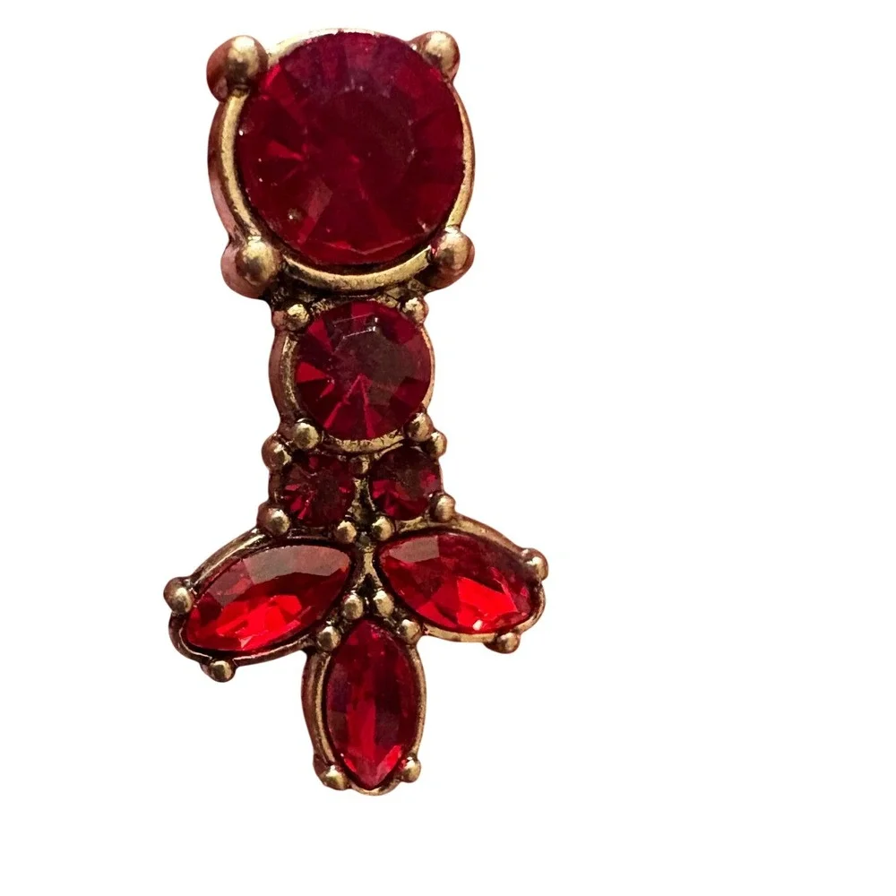 Vintage Style Red Crystal Drop Earrings Antiqued Gold Tone Post‎ Back Statement